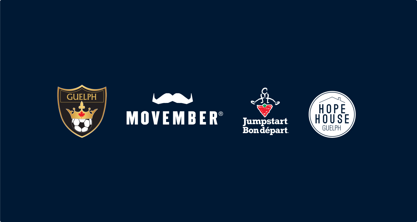 logos for guelph soccer, movember, jumpstart, and hope house guelph